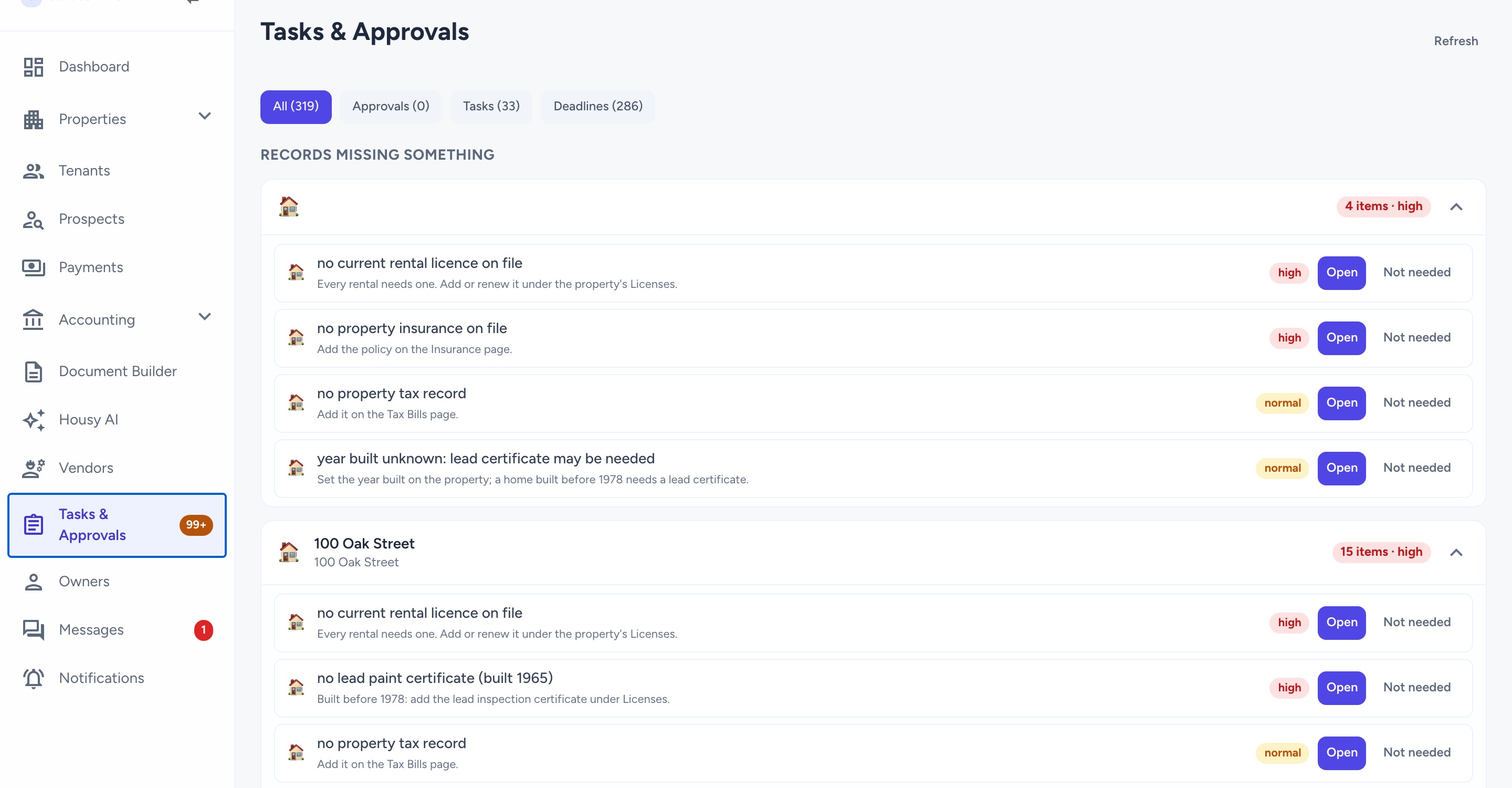 Tasks and approvals list